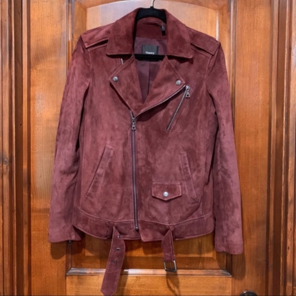 Theory Tralsmin Tidle Maroon Suede Biker Moto Jacket Size Small - Picture 3 of 8
